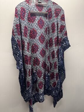 Express One Eleven Printed Kimono Open Front Boho Cover Up Blue Red OS